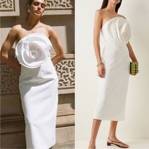 Strapless White Rose Appliqué Midi Dress